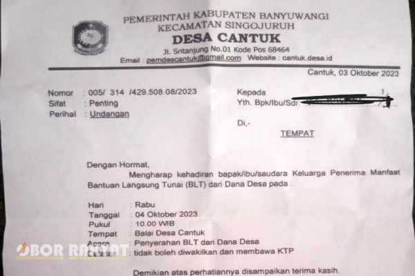 Banyuwangi, Obor Rakyat - Bantuan Langsung Tunai dari Dana Desa (BLT-DD), di Desa Cantuk, Kecamatan Singojuruh, Kabupaten Banyuwangi, kembali menjadi sorotan warga Desa setempat.