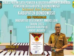 Dinas Pariwisata Pemuda Kebudayaan dan Olahraga (Disparbudpora) Pemkab Bondowoso, mengucapkan selamat dan Sukses, KABUPATEN BONDOWOSO atas penghargaan Innovative Geverment Award (IGA) Tahun 2023, k BBatagori Kabupaten “Sangat Inovatif”.