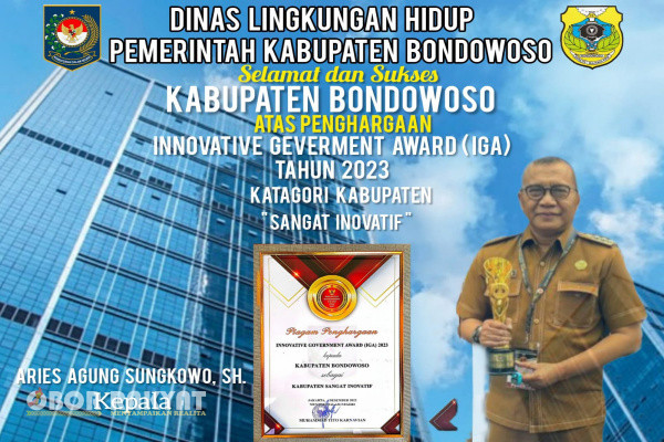 Dinas Lingkungan Hidup (DLH) Pemerintah Kabupaten (Pemkab) Bondowoso, mengucapkan selamat dan Sukses, KABUPATEN BONDOWOSO atas penghargaan Innovative Geverment Award (IGA) Tahun 2023, katagori Kabupaten "Sangat Inovatif".