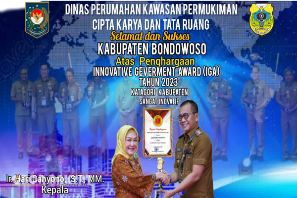 Segenap keluarga besar Dinas Perumahan Kawasan Permukiman Cipta Karya dan Tata Ruang (Perkim dan Ciptaru) Pemkab Bondowoso, mengucapkan Selamat dan Sukses KABUPATEN BONDOWOSO atas penghargaan Innovative Geverment Award (IGA) Tahun 2023, Katagori Kabupaten "Sangat Inovatif" yang diselenggarakan oleh Kementerian Dalam Negeri RI