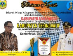 Jajaran Keluarga Besar Media Oborrakyat.co.id Ucapkan Selamat dan Sukses kepada Pemerintah Kabupaten (Pemkab) Bondowoso atas penghargaan Innovative Geverment Award (IGA) Tahun 2023, katagori Kabupaten “Sangat Inovatif” yang diselenggarakan oleh Kementrian Dalam Negeri RI