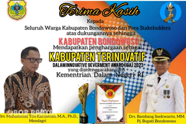 Jajaran Keluarga Besar Media Oborrakyat.co.id Ucapkan Selamat dan Sukses kepada Pemerintah Kabupaten (Pemkab) Bondowoso atas penghargaan Innovative Geverment Award (IGA) Tahun 2023, katagori Kabupaten "Sangat Inovatif" yang diselenggarakan oleh Kementrian Dalam Negeri RI