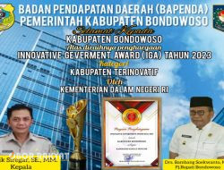 Keluarga Besar Badan Pendapatan Daerah (Bapenda) Kabupaten Bondowoso, mengucapkan Selamat dan Sukses kepada Kabupaten Bondowoso atas diraihnya penghargaan Innovative Geverment Award (IGA) Tahun 2023, kategori Kabupaten Terinovatif oleh Kementerian Dalam Negeri RI