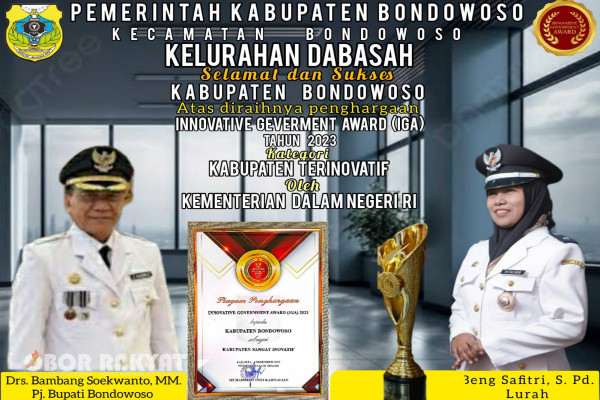 Keluarga besar Kelurahan Dabasah, Kecamatan Bondowoso, mengucapkan selamat dan Sukses Kabupaten Bondowoso, atas diraihnya penghargaan Innovative Geverment Award (IGA) Tahun 2023, kategori Kabupaten Terinovatif, yang diselenggarakan oleh Kementrian Dalam Negeri (Kemendagri) RI.