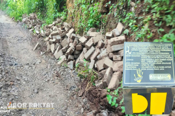 Bondowoso, Obor Rakyat – Infrastruktur jalan poros Desa Sumber Kokap, Kecamatan Taman Krocok, Kabupaten Bondowoso, Jawa Timur, yang dibangun tahun 2023 dari program Pengembangan Infrastruktur Sosial dan Ekonomi Wilayah (PISEW) kini amblas.