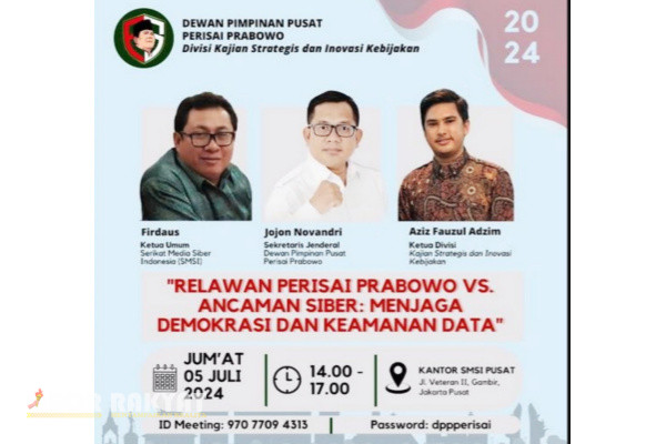 Jakarta, Obor Rakyat – Dalam upaya memperkuat demokrasi dan menjaga keamanan data nasional di era digital, Relawan Perisai Prabowo menggelar diskusi dengan tema “Relawan Perisai Prabowo Vs Ancaman Siber: Menjaga Demokrasi dan Keamanan Data Nasional”.