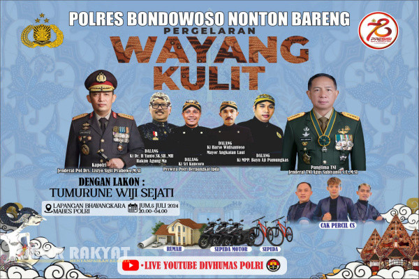 Bondowoso, Obor Rakyat - Kepolisian Negara Republik Indonesia (Polri) dalam rangka memperingati Hari Bhayangkara Ke-78 melaksanakan kegiatan kebudayaan pertunjukan wayang kulit semalam suntuk dengan lakon “Tumurune Wiji Sejati”.