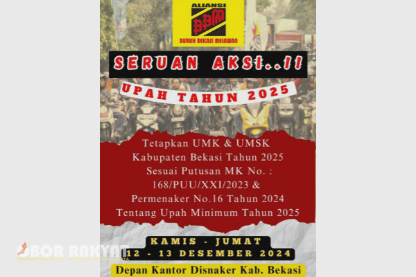 Bekasi, Obor Rakyat - Rapat pleno Dewan Pengupahan Kabupaten Bekasi masih alot dalam menyepakati rekomendasi terkait upah minimum sektoral (UMSK) tahun 2025 yang pada akhirnya membuat Aliansi Buruh Bekasi Melawan (BBM) meradang.