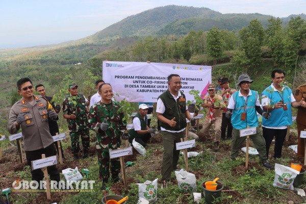 Probolinggo, Obor Rakyat - Forum Kordinasi Pimpinan Daerah (Forkopimda) Kabupaten Probolinggo berkolaborasi bersama PT PLN Nusantara Power UP Paiton dan PT Energi Primer Indonesia, melakukan penanaman Pohon Gamal dan bakti sosial di Rest Area Desa Tambak Ukir, Kecamatan Kotaanyar.