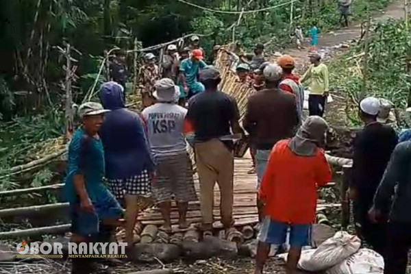Bondowoso, Obor Rakyat - Untuk tetap mendukung kelancaran mobilitas warga, pasca putusnya jembatan penghubung antara Desa Dawuhan dengan Desa Wanisodo, Kecamatan Grujugan, Kabupaten Bondowoso akibat banjir, puluhan warga Dusun Krajan I Desa Dawuhan bergotong royong membangun jembatan darurat.