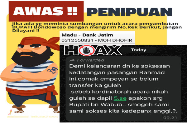 Bondowoso, Obor Rakyat - Masyarakat diimbau untuk berhati-hati jika menerima pesan singkat WhatsApp (WA) yang mengatasnamakan Moh Dhofir dan meminta transfer sejumlah uang.