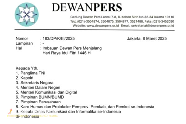 Jakarta, Obor Rakyat - Menjelang perayaan Hari Raya Idul Fitri 1446 H yang jatuh pada 31 Maret 2025, Dewan Pers mengeluarkan surat edaran kepada berbagai pihak, termasuk institusi negara, perusahaan, dan organisasi media, agar tidak melayani permintaan Tunjangan Hari Raya (THR), barang, atau sumbangan dalam bentuk apa pun dari individu atau kelompok yang mengatasnamakan wartawan, organisasi pers, maupun perusahaan media.