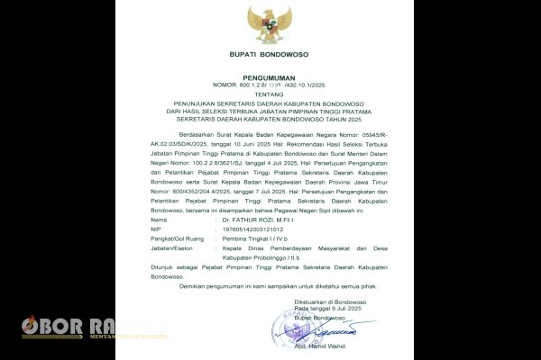 Bondowoso, Obor Rakyat – Setelah melalui proses yang cukup panjang, jabatan Sekretaris Daerah (Sekda) Kabupaten Bondowoso akhirnya resmi terisi. Dr. Fathur Rozi ditunjuk sebagai Sekda definitif berdasarkan surat penunjukan yang ditandatangani langsung oleh Bupati Bondowoso, Drs. KH. Abdul Hamid Wahid.