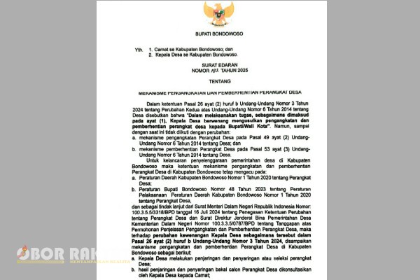Bondowoso, Obor Rakyat – Bupati Bondowoso, Abdul Hamid Wahid, resmi menerbitkan Surat Edaran (SE) Nomor 182 Tahun 2025 yang mengatur mekanisme pengangkatan dan pemberhentian perangkat desa di seluruh wilayah Kabupaten Bondowoso.