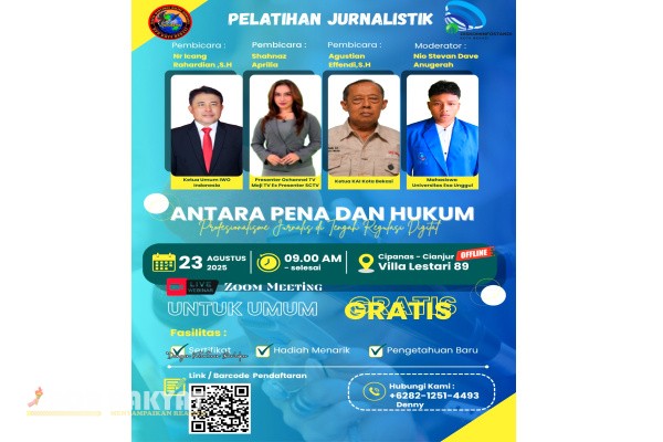 Bekasi, Obor Rakyat – Dalam upaya meningkatkan kualitas jurnalisme di era regulasi digital, Ikatan Wartawan Online (IWO) Indonesia bersama mitra menghadirkan Pelatihan Jurnalistik bertajuk “Antara Pena dan Hukum (Profesional Jurnalisme di Tengah Regulasi Digital)” yang akan digelar pada Sabtu, 23 Agustus 2025 pukul 09.00 WIB melalui platform Zoom Meeting.