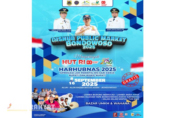 Bondowoso, Obor Rakyat – Dalam rangka memperingati Hari Perhubungan Nasional (Harhubnas) 2025, Dinas Perhubungan (Dishub) Kabupaten Bondowoso akan menggelar berbagai kegiatan menarik dan terbuka untuk masyarakat umum. Kegiatan ini mengusung tema “Dishub Publik Market Bondowoso 2025” dan akan dipusatkan di Alun-alun Raden Bagus Asra (RBA) Ki Ronggo serta area belakang Kantor Dishub Bondowoso.