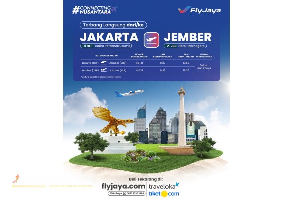 Jember, Obor Rakyat – Masyarakat Jember kini sudah bisa membeli tiket penerbangan rute Jember–Jakarta yang akan dioperasikan oleh maskapai Fly Jaya. Penerbangan perdana dijadwalkan berlangsung pada Selasa, 23 September 2025, menandai babak baru dalam konektivitas udara dari wilayah timur Pulau Jawa ke ibu kota.