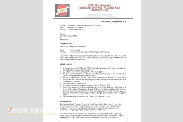 Bondowoso, Obor Rakyat – Menilai kinerja Satuan Tugas Makanan Bergizi Gratis (Satgas MBG) Bondowoso hanya bersifat formalitas, Dewan Pimpinan Cabang (DPC) Bara Nusa Bondowoso, Edi Junaedi yang akrab disapa Bang Juned langsung mengambil sikap tegas dengan melayangkan surat permintaan hearing kepada Ketua Satgas MBG setempat.
