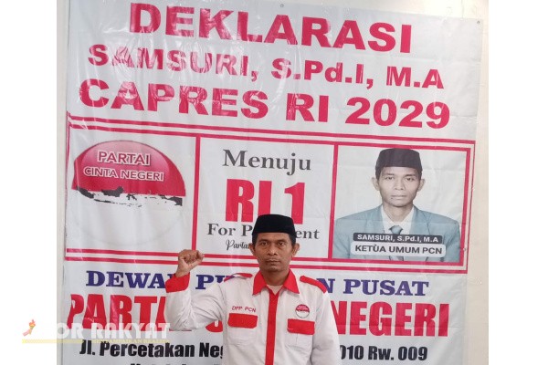 Jakarta, Obor Rakyat – Dewan Pimpinan Pusat Partai Cinta Negeri (DPP PCN) resmi mendeklarasikan Samsuri, S.Pd.I, M.A. sebagai Calon Presiden Republik Indonesia untuk Pilpres 2029.