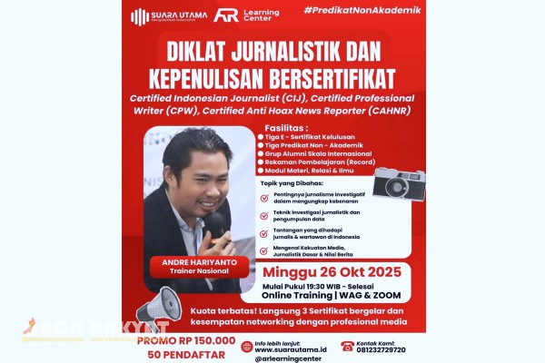 Jakarta, Obor Rakyat — AR Learning Center kembali menggelar pelatihan sertifikasi Certified Indonesian Journalist yang diikuti puluhan peserta dari berbagai daerah di Indonesia. Kegiatan ini bertujuan untuk meningkatkan kompetensi, integritas, dan kemampuan teknis para calon jurnalis profesional, khususnya dalam menghadapi tantangan industri media di era digital.