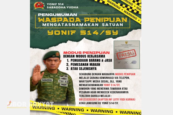 Bondowoso, Obor Rakyat – Maraknya kasus penipuan yang mengatasnamakan instansi TNI, khususnya Batalyon Infanteri (Yonif) 514/Sabaddha Yudha Kostrad, membuat pihak satuan menegaskan imbauan kepada seluruh masyarakat Bondowoso dan sekitarnya agar tetap waspada terhadap berbagai modus pemesanan fiktif.