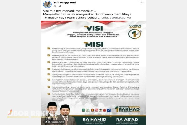 Bondowoso, Obor Rakyat – Sebuah unggahan dari akun Facebook bernama @yulianggraeni, yang mengaku sebagai pendukung sekaligus bagian dari tim sukses pasangan Bupati dan Wakil Bupati Bondowoso Rahmat (Ra Hamid–As’at), menjadi perbincangan hangat di media sosial. Dalam tulisannya, ia menyampaikan kritik terkait visi–misi serta kinerja pemerintahan yang dinilai belum menunjukkan perkembangan signifikan setelah sembilan bulan menjabat.