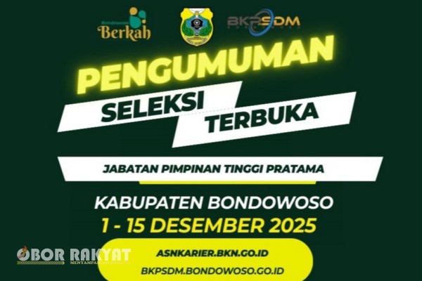 Bondowoso, Obor Rakyat – Pemerintah Kabupaten (Pemkab) Bondowoso, Jawa Timur, resmi membuka seleksi terbuka untuk pengisian Jabatan Pimpinan Tinggi Pratama (JPTP) tahun 2025. Ketentuan ini diumumkan melalui Pengumuman Nomor: 01/PANSEL-JPTP/BWS/2025 tentang Seleksi Terbuka JPTP Kabupaten Bondowoso, yang menjadwalkan pendaftaran pada 1–15 November 2025.