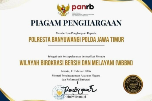 Banyuwangi, Obor Rakyat – Polresta Banyuwangi Polda Jawa Timur kembali menorehkan prestasi membanggakan dengan meraih penghargaan Zona Integritas (ZI) menuju Wilayah Birokrasi Bersih dan Melayani (WBBM) Tahun 2025, Kamis (11/2/2026).