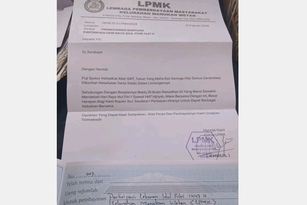 Surabaya, Obor Rakyat – Dugaan permintaan “jatah” Tunjangan Hari Raya (THR) Idul Fitri 2026 oleh oknum pengurus Lembaga Pemberdayaan Masyarakat Kelurahan (LPMK) di Manukan Wetan menjadi sorotan publik. Isu tersebut viral di media sosial dan menuai respons dari legislatif maupun pihak kecamatan.