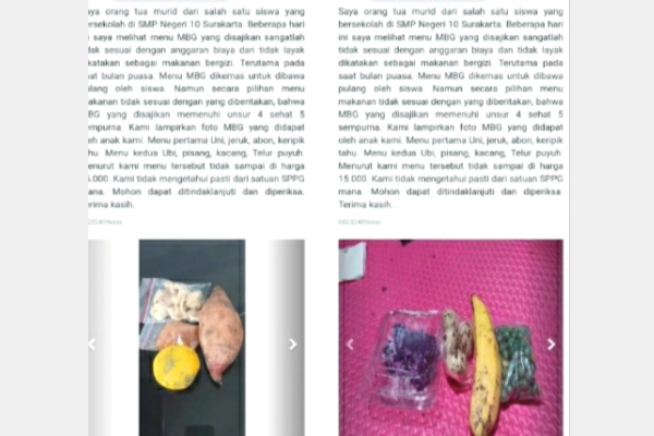Surakarta, Obor Rakyat – Kanal pengaduan online Unit Layanan Aduan Surakarta (ULAS) milik Pemerintah Kota (Pemkot) Surakarta, Jawa Tengah dibanjiri keluhan warga terkait kualitas menu Program Makan Bergizi Gratis (MBG) selama Ramadan 2026. Sejumlah orang tua siswa menilai menu yang dibagikan dalam bentuk kering tidak layak konsumsi dan tidak memenuhi standar gizi yang semestinya diterima anak sekolah.