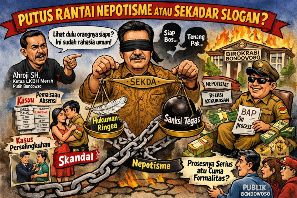 Bondowoso, Obor Rakyat – Seruan keras untuk memutus rantai nepotisme kembali menggema di Kabupaten Bondowoso. Di tengah gencarnya narasi efisiensi anggaran, publik justru dihadapkan pada dugaan praktik “main mata” dalam penanganan pelanggaran Aparatur Sipil Negara (ASN).