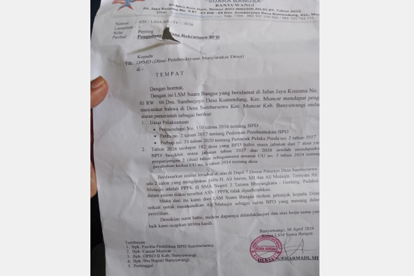 Banyuwangi, Obor Rakyat — Proses pemilihan Badan Permusyawaratan Desa (BPD) di Desa Sumbersewu, Kecamatan Muncar, Kabupaten Banyuwangi, Jawa Timur, menuai sorotan. LSM Suara Bangsa menilai salah satu calon berpotensi melanggar ketentuan perundang-undangan karena diduga masih berstatus Pegawai Pemerintah dengan Perjanjian Kerja (PPPK).