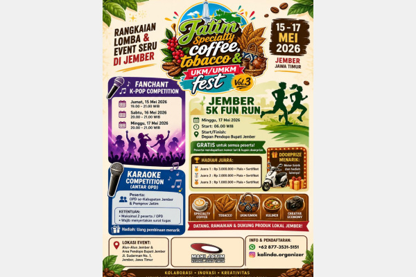 Jember, Obor Rakyat – Kabupaten Jember kembali memperkuat posisinya sebagai salah satu motor penggerak ekonomi berbasis potensi lokal di Jawa Timur melalui gelaran Jatim Specialty Coffee, Tobacco & UKM/UMKM Fest Vol.3 yang akan berlangsung pada 15–17 Mei 2026.