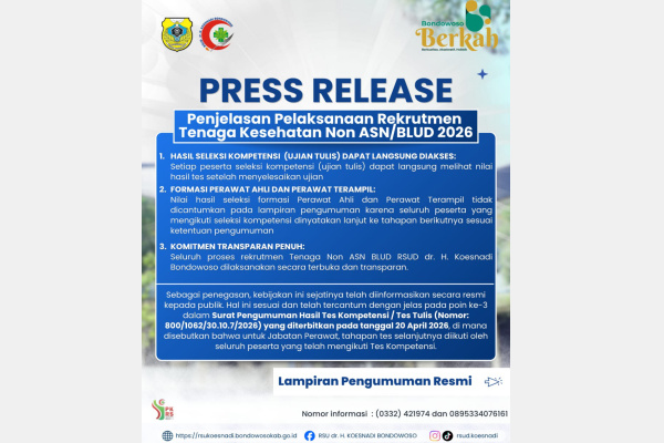 Bondowoso, Obor Rakyat — RSUD dr. Koesnadi Bondowoso menegaskan pelaksanaan rekrutmen tenaga kesehatan Non-ASN BLUD tahun 2026 dilakukan secara terbuka dan transparan.