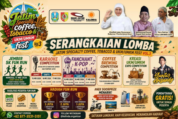 Jember, Obor Rakyat – Kabupaten Jember bersiap menjadi pusat kemeriahan sekaligus penggerak ekonomi kreatif Jawa Timur melalui gelaran “Jatim Specialty Coffee, Tobacco & UKM/UMKM Fest Vol.3” yang akan berlangsung pada 15–17 Mei 2026.