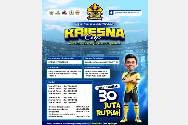 Bondowoso, Obor Rakyat – Open Turnamen Gobak Sodor Kriesna Cup 2026 siap digelar pada 30 Mei 2026 di Lapangan Kriesna Tegalampel, Bondowoso.