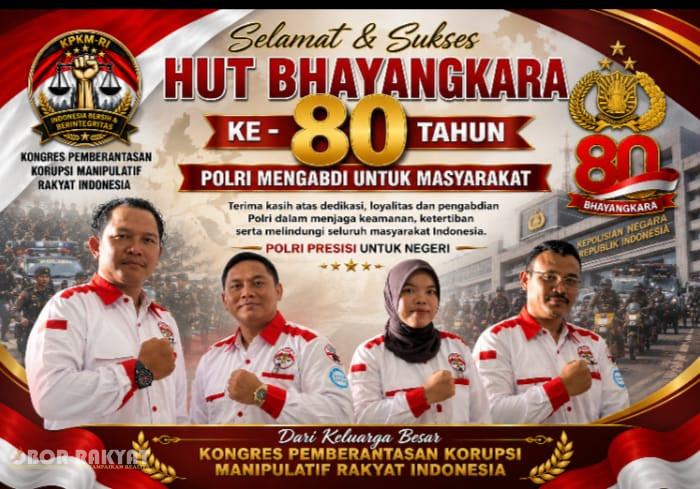 Pematangsiantar, Obor Rakyat — Momentum peringatan Hari Bhayangkara ke-80 tahun 2026 mendapat apresiasi tinggi dari berbagai elemen masyarakat. Salah satunya datang dari Kongres Pemberantasan Korupsi Manipulatif Rakyat Indonesia (KPKM-RI) yang menyampaikan ucapan selamat sekaligus apresiasi atas dedikasi, loyalitas, dan pengabdian panjang Kepolisian Negara Republik Indonesia (Polri) dalam menjaga keamanan, ketertiban, dan penegakan hukum di tanah air.