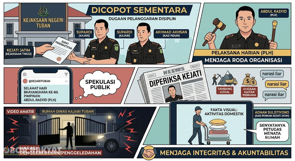 Surabaya, Obor Rakyat — Kepala Kejaksaan Negeri (Kajari) Tuban, Supardi, beserta Kepala Seksi Pidana Umum (Kasi Pidum), Akhmad Akhsan, dinonaktifkan sementara dari jabatan struktural mereka.