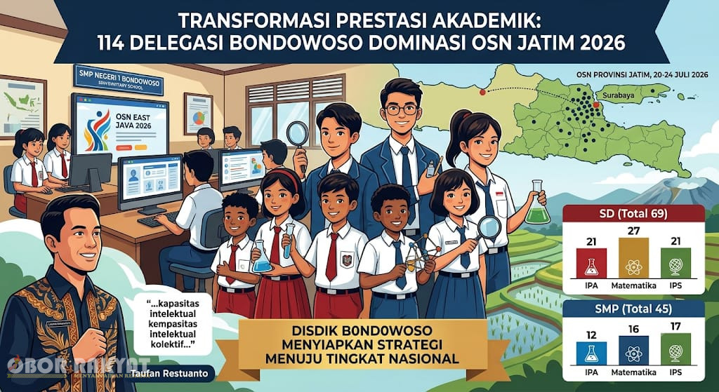 ​Bondowoso, Obor Rakyat – Akselerasi mutu pendidikan di Kabupaten Bondowoso menunjukkan tren positif yang signifikan. Sebanyak 114 penalaran muda jenjang Sekolah Dasar (SD) dan Sekolah Menengah Pertama (SMP) secara resmi dinyatakan lolos seleksi untuk merepresentasikan daerah dalam ajang Olimpiade Sains Nasional (OSN) tingkat Provinsi Jawa Timur tahun 2026.