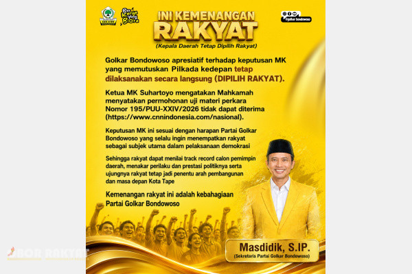 Bondowoso, Obor Rakyat – Putusan Mahkamah Konstitusi (MK) yang mempertahankan sistem Pemilihan Kepala Daerah (Pilkada) secara langsung dinilai sebagai momentum krusial dalam menjaga arah demokrasi di Indonesia. Putusan ini tidak hanya menyelamatkan hak pilih warga negara, tetapi juga mempertegas bahwa rakyat adalah determinan utama dalam menentukan arah pembangunan daerah, bukan sekadar penonton dalam kontestasi kekuasaan.