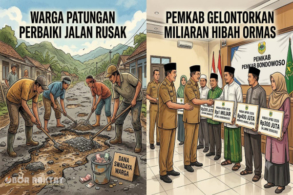 Bondowoso, Obor Rakyat — Gelombang kritik menerpa Pemerintah Kabupaten (Pemkab) Bondowoso terkait penentuan skala prioritas dalam pengalokasian APBD 2026.Di tengah kondisi efisiensi anggaran dan maraknya aksi swadaya warga yang harus bergotong royong memperbaiki jalan rusak, Pemkab Bondowoso justru menggelontorkan dana hibah hingga miliaran rupiah untuk sejumlah organisasi kemasyarakatan (ormas).