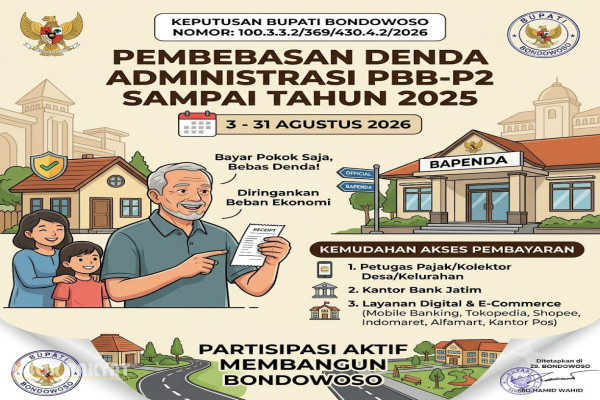 Bondowoso, Obor Rakyat — Pemerintah Kabupaten (Pemkab) Bondowoso kembali memberikan keringanan bagi masyarakat wajib pajak.Melalui Keputusan Bupati Bondowoso Nomor: 100.3.3.2/369/430.4.2/2026, Pemkab resmi meluncurkan program Pembebasan Denda Administrasi Pajak Bumi dan Bangunan Pedesaan dan Perkotaan (PBB-P2) untuk masa tunggakan sampai dengan tahun pajak 2025.
