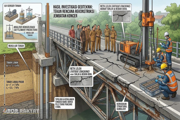 Bondowoso, Obor Rakyat — Infrastruktur penyeberangan vital Jembatan Koncer (Jembatan Dhe' Pegghe') yang membentang sepanjang 32,5 meter dengan lebar 8 meter di Kabupaten Bondowoso dipastikan memasuki fase kritis akibat penurunan kapasitas residual struktur. Melewati masa layan operasional (design service life) selama lebih dari enam dekade sejak 1962, jembatan ini mengalami akumulasi degradasi fisik akibat beban dinamis berulang (cyclic loading) dan peningkatan Tonase Sumbu Terberat (TST) lalu lintas harian.