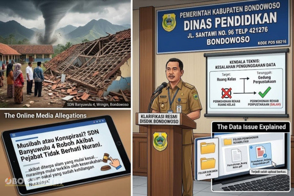 Bondowoso, Obor Rakyat — Dinas Pendidikan (Disdik) Kabupaten Bondowoso memberikan klarifikasi resmi menanggapi munculnya pemberitaan di sebuah media siber terkait peristiwa ambruknya bangunan Sekolah Dasar Negeri (SDN) Banyuwulu 4, Kecamatan Wringin, akibat diterjang angin puting beliung.
