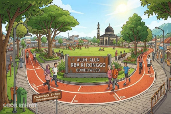 Bondowoso, Obor Rakyat — Pemerintah Kabupaten (Pemkab) Bondowoso melalui Dinas Lingkungan Hidup (DLH) secara resmi memulai tahapan revitalisasi kawasan Alun-Alun RBA Ki Ronggo. Langkah strategis ini diwujudkan melalui pembangunan fasilitas jalur pedestrian multifungsi yang dirancang secara teknis untuk memfasilitasi aktivitas olahraga ringan (jogging track), sekaligus mengoptimalkan tata ruang hijau publik di pusat perkotaan.