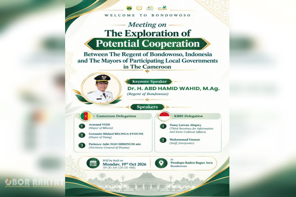 ​Bondowoso, Obor Rakyat — Pemerintah Kabupaten (Pemkab Bondowoso dijadwalkan menggelar pertemuan strategis bertajuk "Meeting on The Exploration of Potential Cooperation" guna mengeksplorasi potensi kerja sama antara Kabupaten Bondowoso dengan sejumlah pemerintah daerah dari Kamerun.