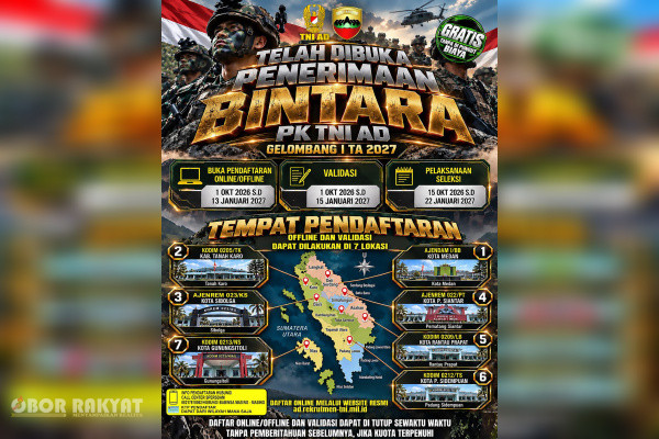 Simalungun, Obor Rakyat — Kabar gembira bagi masyarakat Sumatera Utara yang berkeinginan mendedikasikan diri sebagai abdi negara. Kodam I/Bukit Barisan resmi membuka pendaftaran Penerimaan Bintara Prajurit Karier (PK) TNI Angkatan Darat Gelombang I Tahun Anggaran 2027.